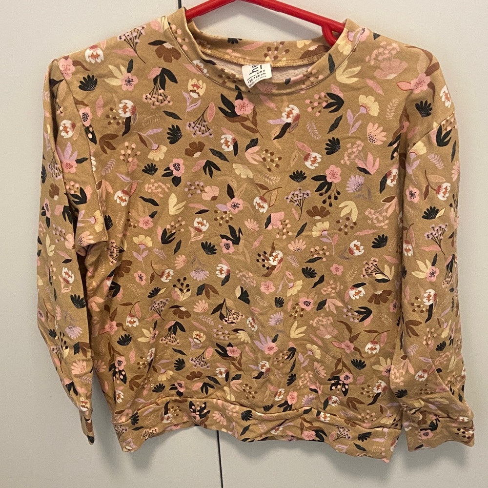 Girls' Floral Crewneck Sweatshirt - Tan with Pink Accents